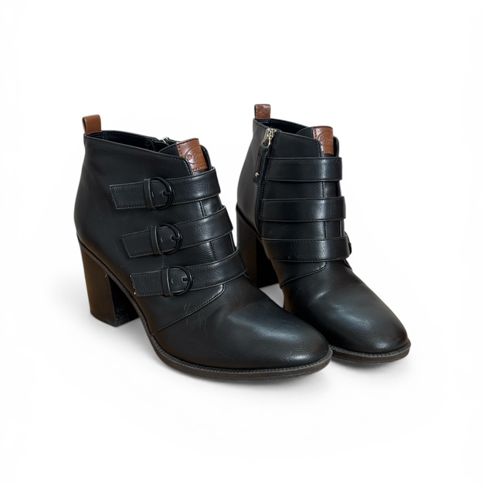 Dr. Scholl's Black Ankle Buckle Strap Heeled Boots with Brown Pull Tabs sz-8